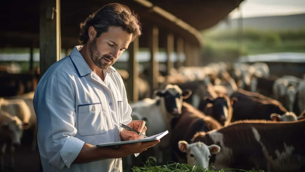 Mann mit Notizblock bei Rinderhaltung auf Weide, nachhaltige Landwirtschaft.