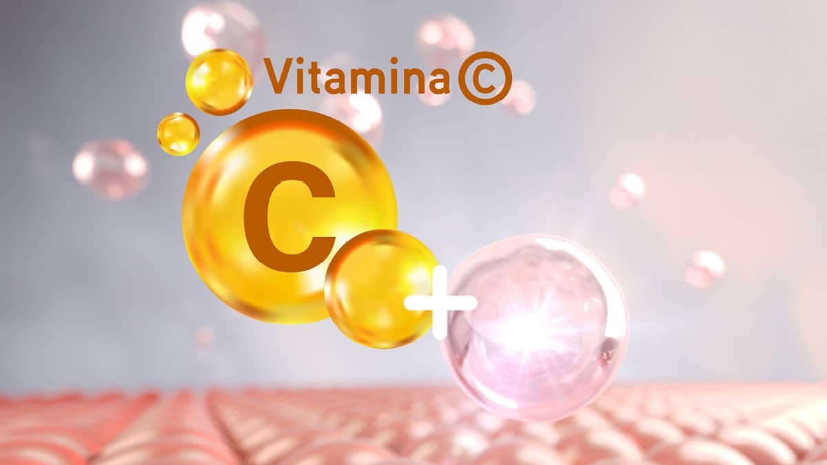 Illustration von Vitamin C Molekülen für Hautpflege und Anti-Aging Vorteile.